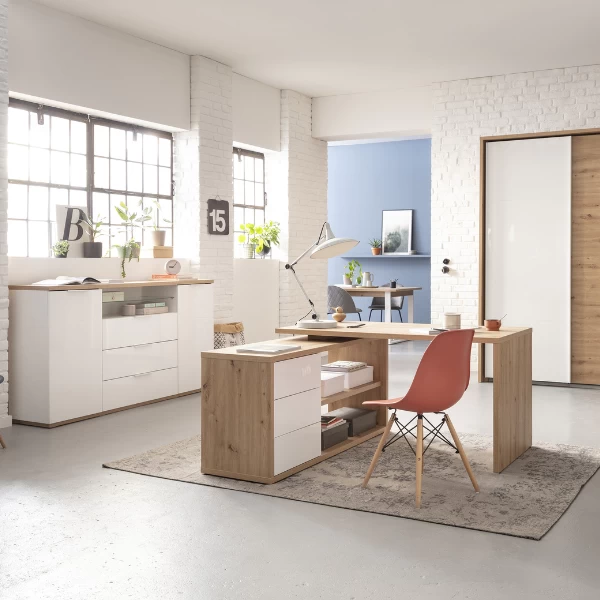 Hoekbureau Sorbonne 139cm Met Opbergruimte - Eikdecor/wit 6 Hoekbureau Sorbonne 139cm Met Opbergruimte - Eikdecor/wit - Afbeelding 4