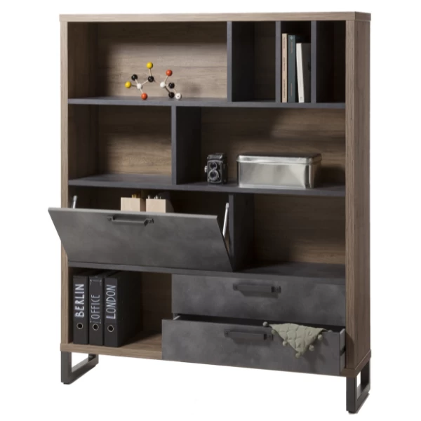 Boekenkast Faber 140cm Met Opklapdeur En Twee Lades - Eikdecor/betonlook 5 Boekenkast Faber 140cm Met Opklapdeur En Twee Lades - Eikdecor/betonlook - Afbeelding 3