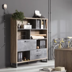 Boekenkast Faber 140cm Met Opklapdeur En Twee Lades - Eikdecor/betonlook