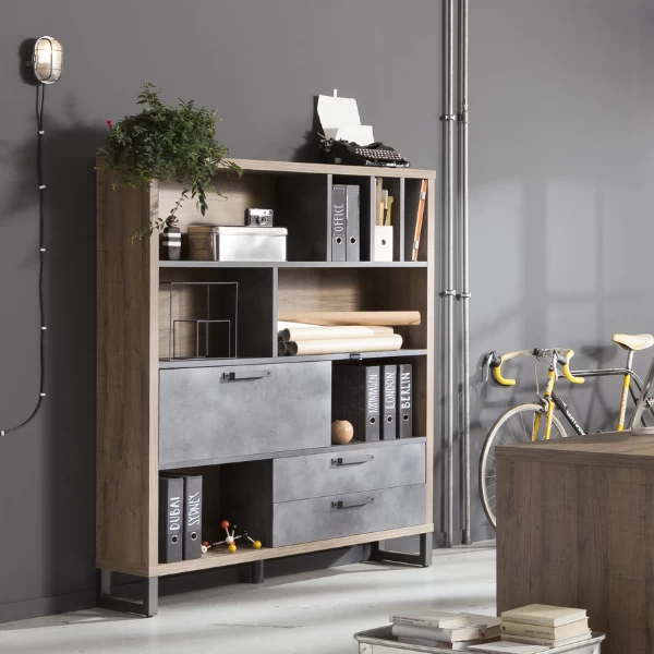 Boekenkast Faber 140cm Met Opklapdeur En Twee Lades - Eikdecor/betonlook 3 Boekenkast Faber 140cm Met Opklapdeur En Twee Lades - Eikdecor/betonlook