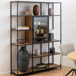 Moderne Seaford Boekenkast: Zwart Staal En Glas, Eiken Met 8 Planken, 135x35x185 Cm -Collectie Slaapkamermeubels Ontwerp zonder titel 2023 11 15T145434.554 a32a