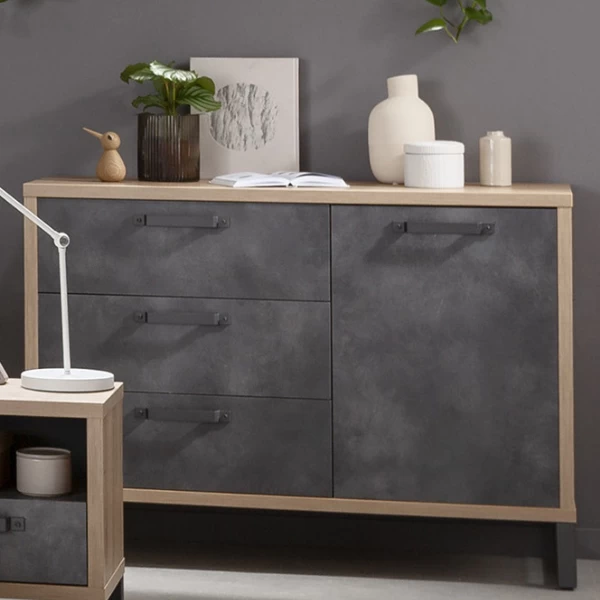 Commode Faber 122cm Met 3 Lades - Eikdecor/betonlook 3 Commode Faber 122cm Met 3 Lades - Eikdecor/betonlook