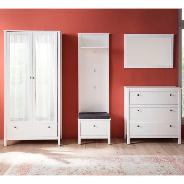 Garderobecombinatie Ole | Paneel, Kledingkast, Spiegel En Bank | Wit 3 Garderobecombinatie Ole | Paneel, Kledingkast, Spiegel En Bank | Wit