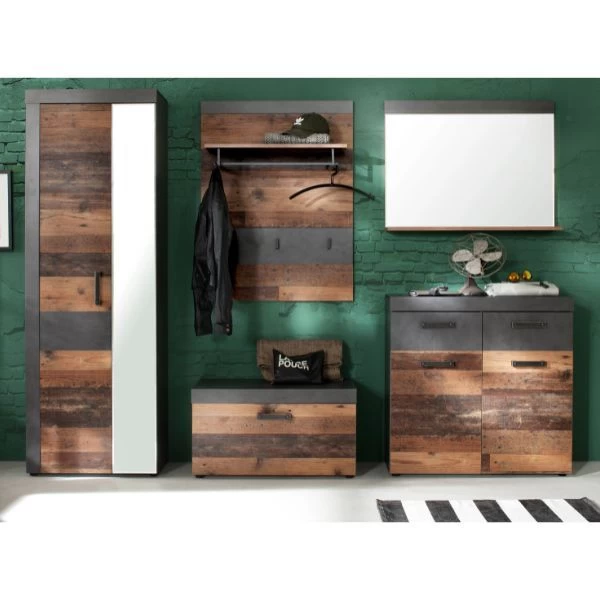 Garderobecombinatie Indy | Paneel, Bank, Spiegel, Schoenen- En Kledingkast | Old Wood-decor 3 Garderobecombinatie Indy | Paneel, Bank, Spiegel, Schoenen- En Kledingkast | Old Wood-decor