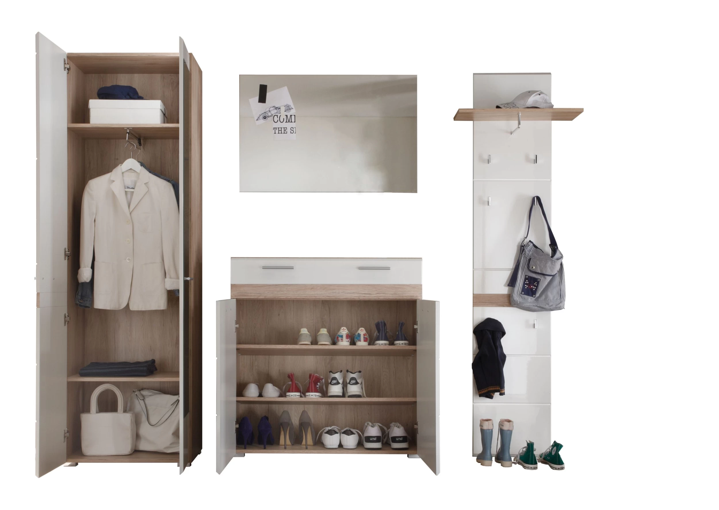 Garderobeset Set-One | Paneel, Spiegel, Opberg- En Kledingkast | Licht-eiken Kleur - Afbeelding 2
