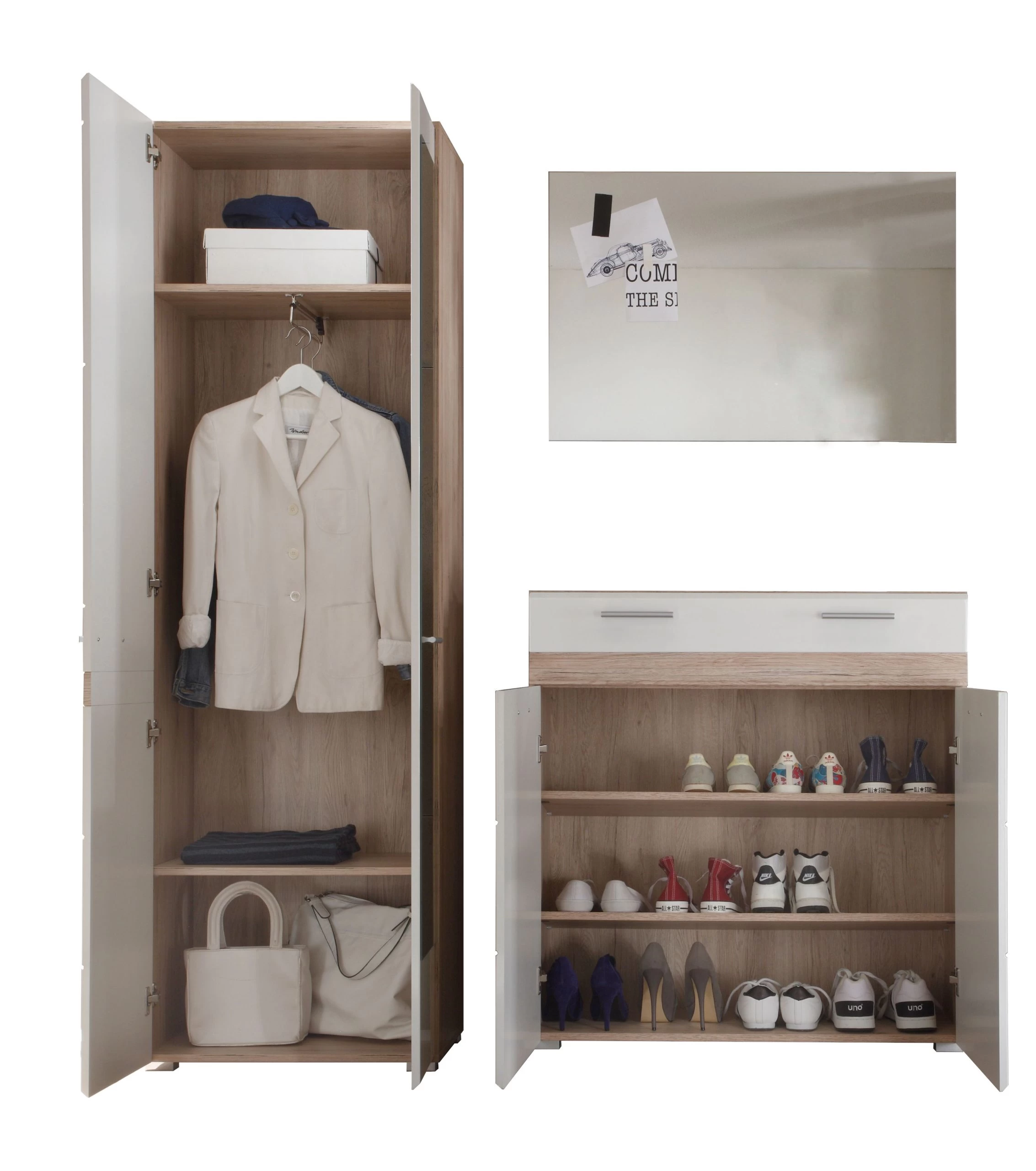 Garderobeset Set-One | Opbergkast, Spiegel, Kledingkast | Licht-eiken Kleur - Afbeelding 2