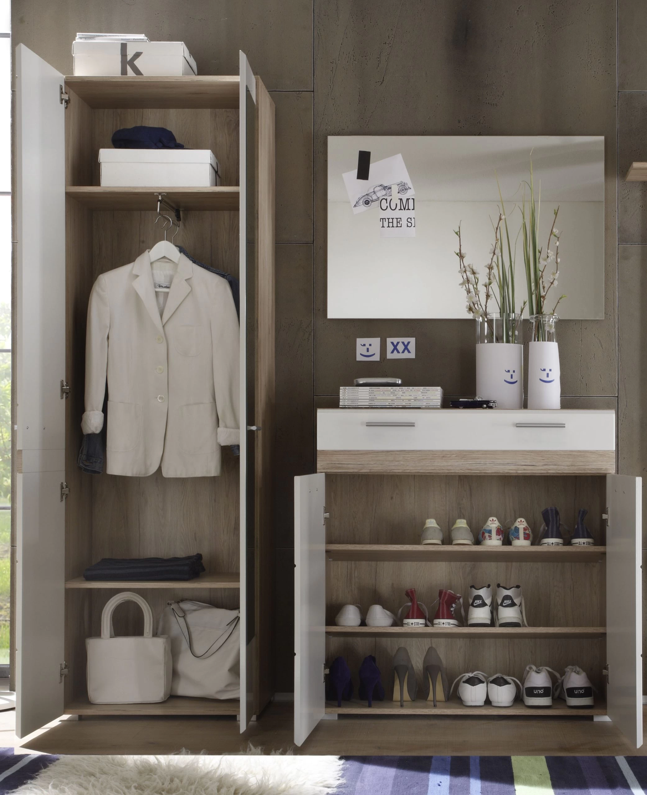 Garderobeset Set-One | Opbergkast, Spiegel, Kledingkast | Licht-eiken Kleur - Afbeelding 3