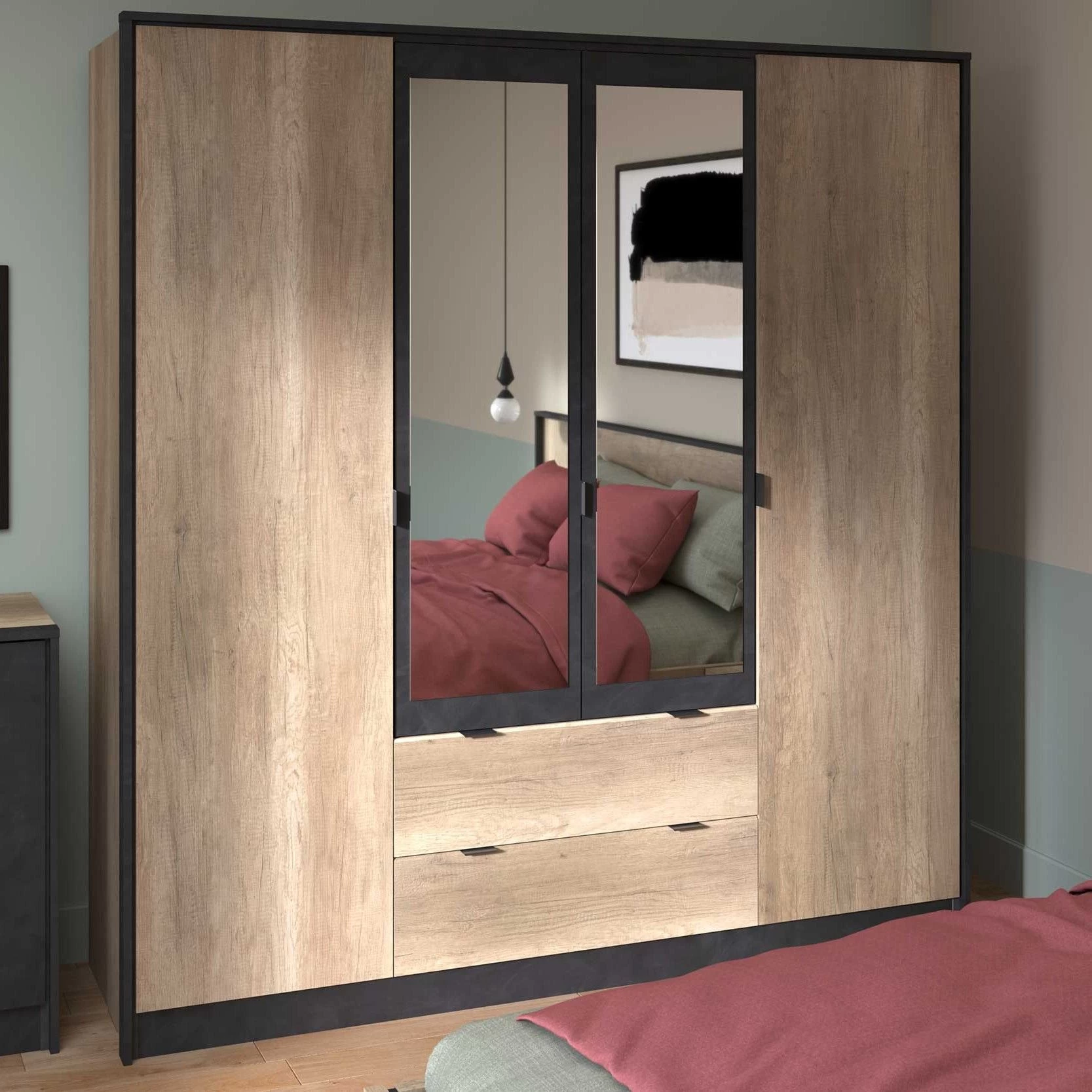 Kledingkast Yuri 188cm, 4 Deuren & 2 Lades - Antraciet/eik Decor 3 Kledingkast Yuri 188cm, 4 Deuren & 2 Lades - Antraciet/eik Decor