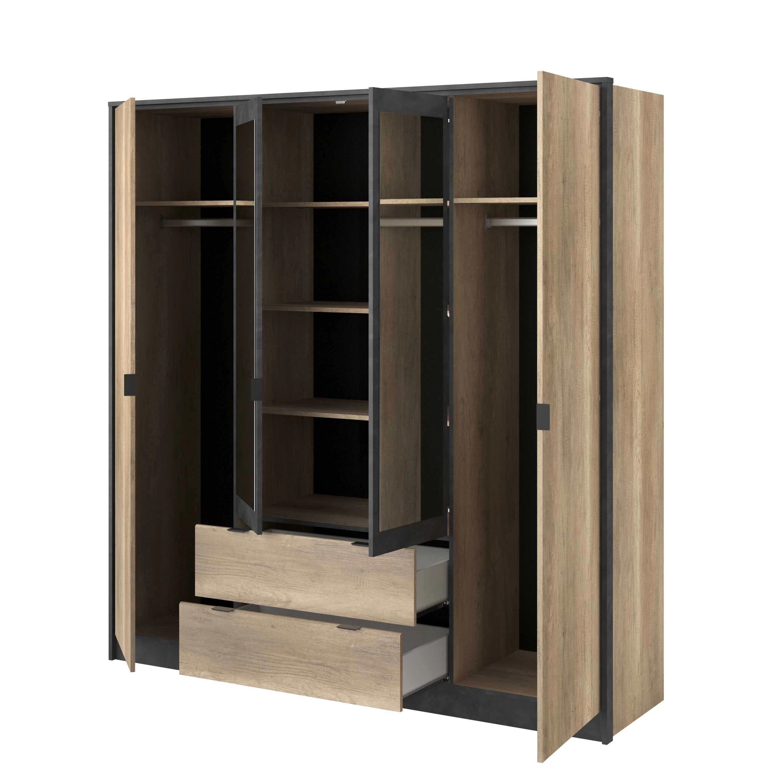 Kledingkast Yuri 188cm, 4 Deuren & 2 Lades - Antraciet/eik Decor 9 Kledingkast Yuri 188cm, 4 Deuren & 2 Lades - Antraciet/eik Decor - Afbeelding 7