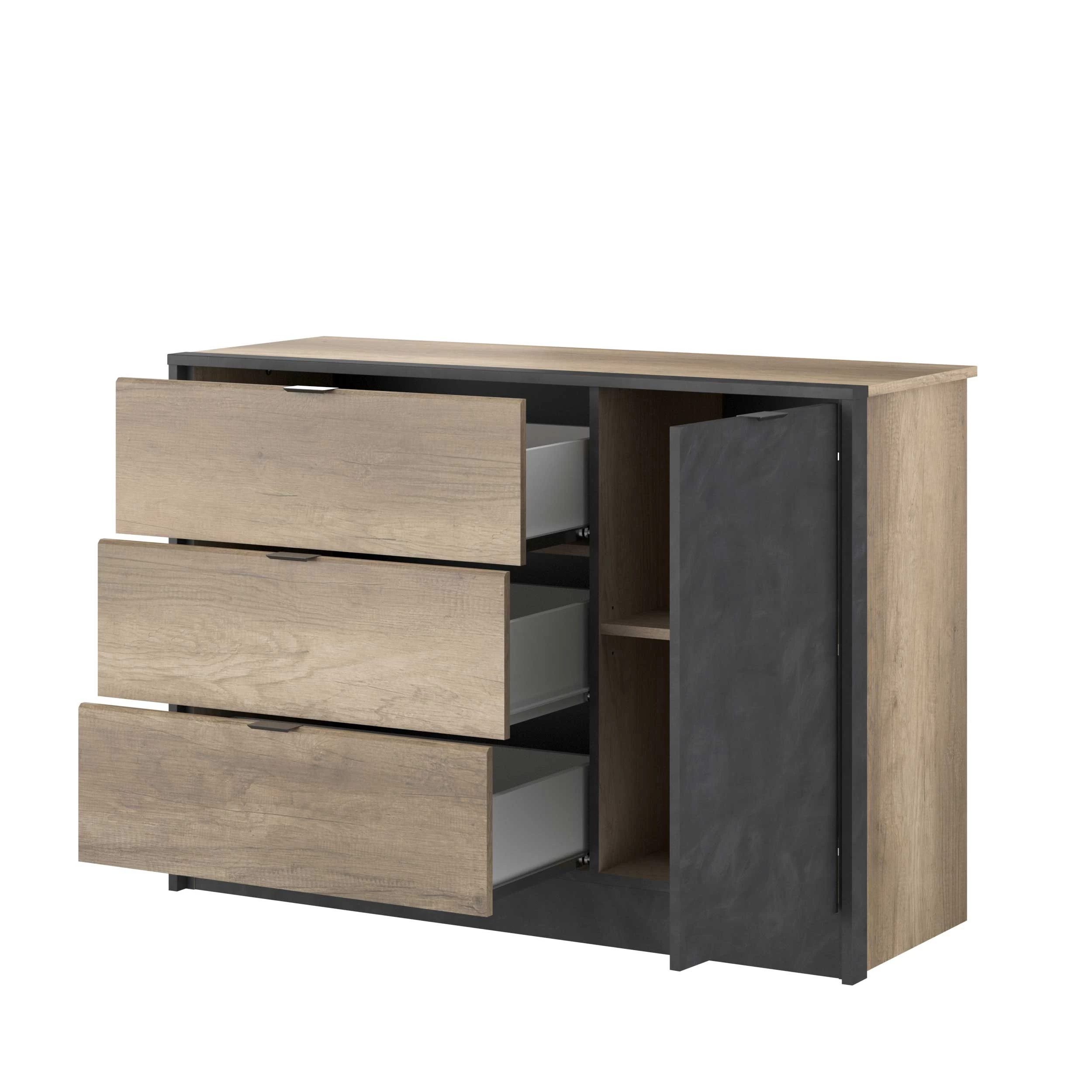 Commode Yuri 113cm, 1 Deur & 3 Lades - Antraciet/eik Decor 12 Commode Yuri 113cm, 1 Deur & 3 Lades - Antraciet/eik Decor - Afbeelding 10